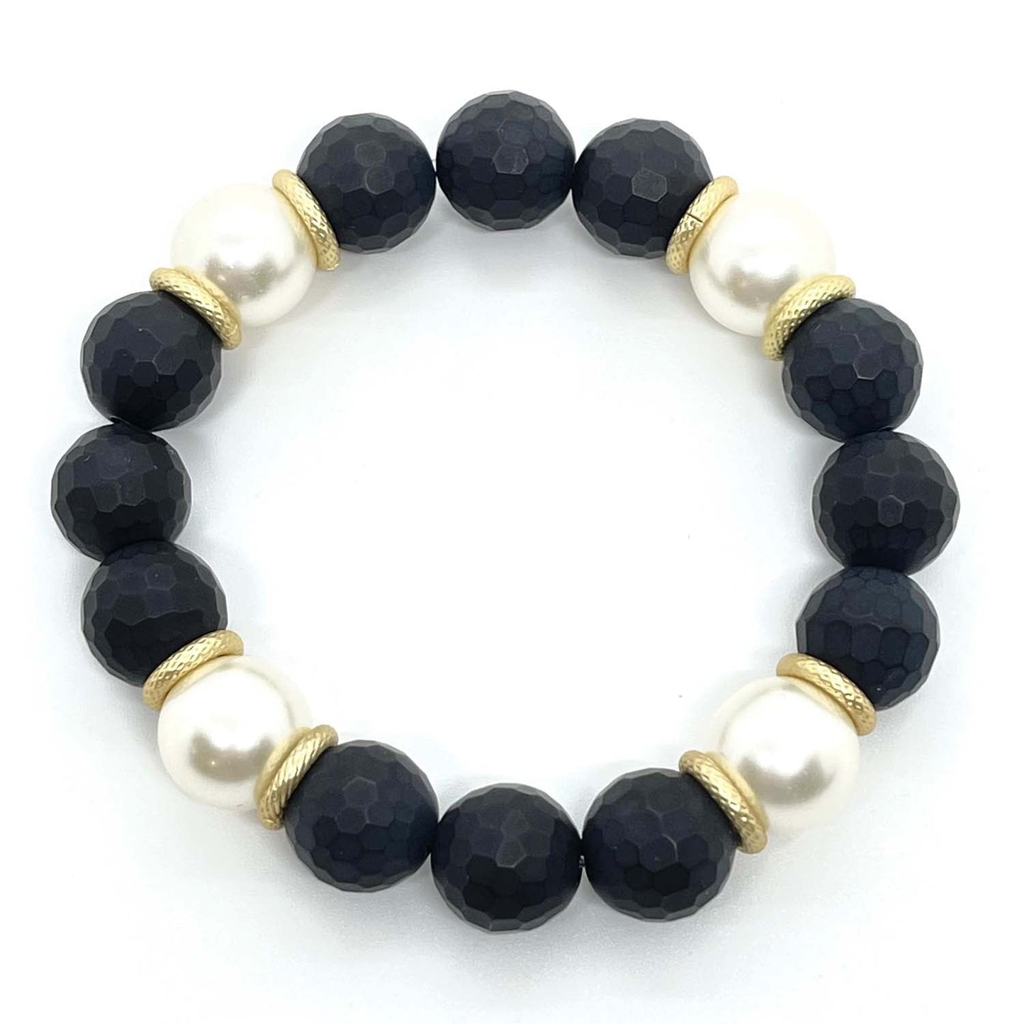 Onyx And Glass Pearl Matte Gold Nugget Stretch Bracelet