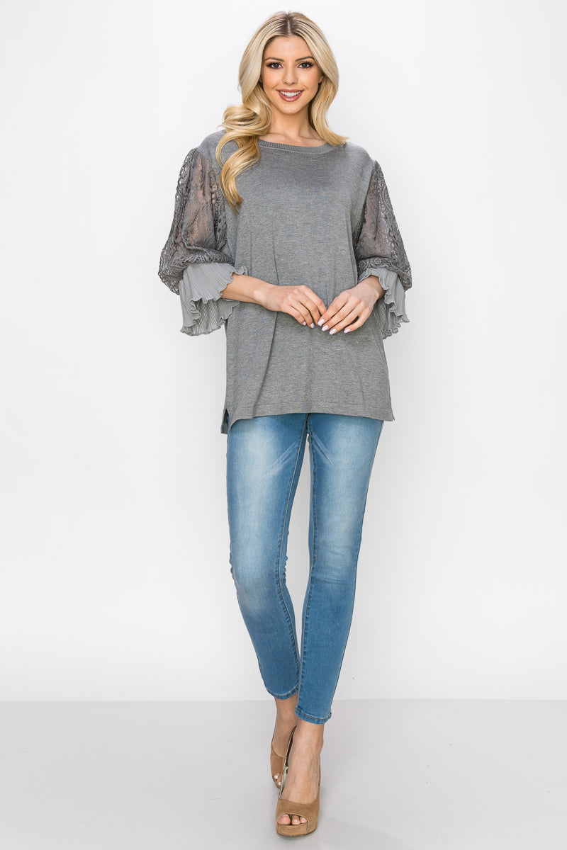 Shiron Sweater Knitted Top with Lace & Pleated Ruffles