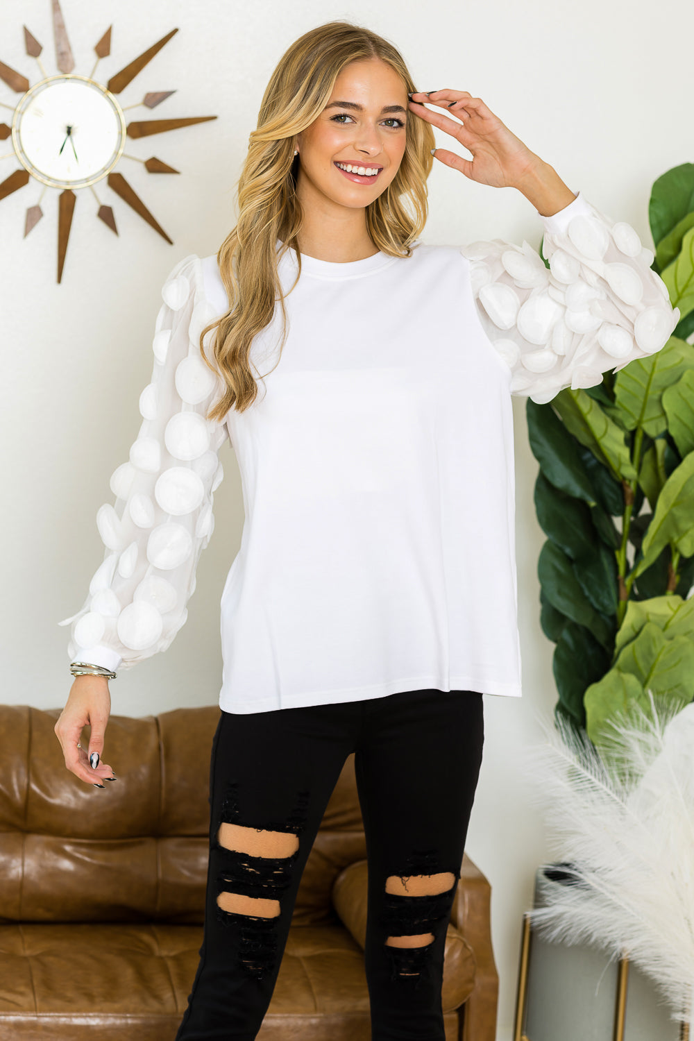 Rinna Pointe Knit Top with Mesh Lace Circle