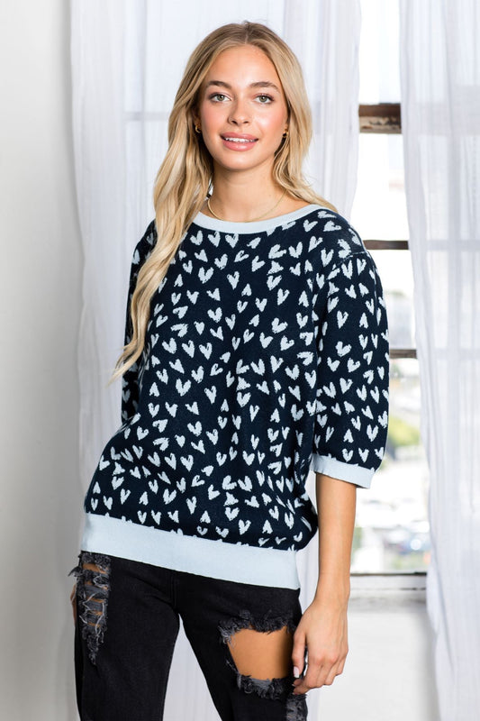 Syeda Stretch Knitted Sweater with Scattered Hearts