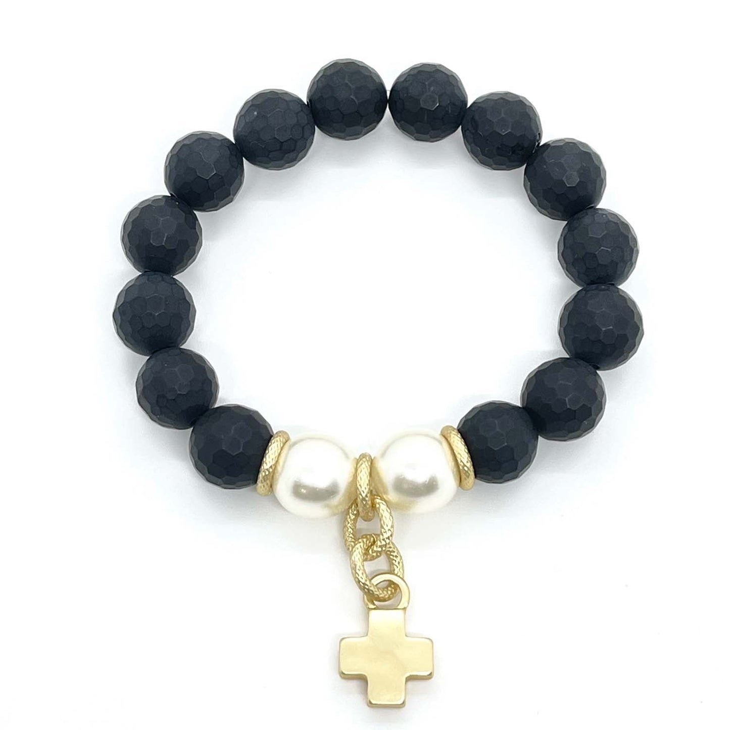 Onyx And Glass Pearl Matte Gold Nugget Stretch Bracelet
