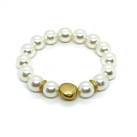 White Glass Pearl Matte Gold Nugget Stretch Bracelet