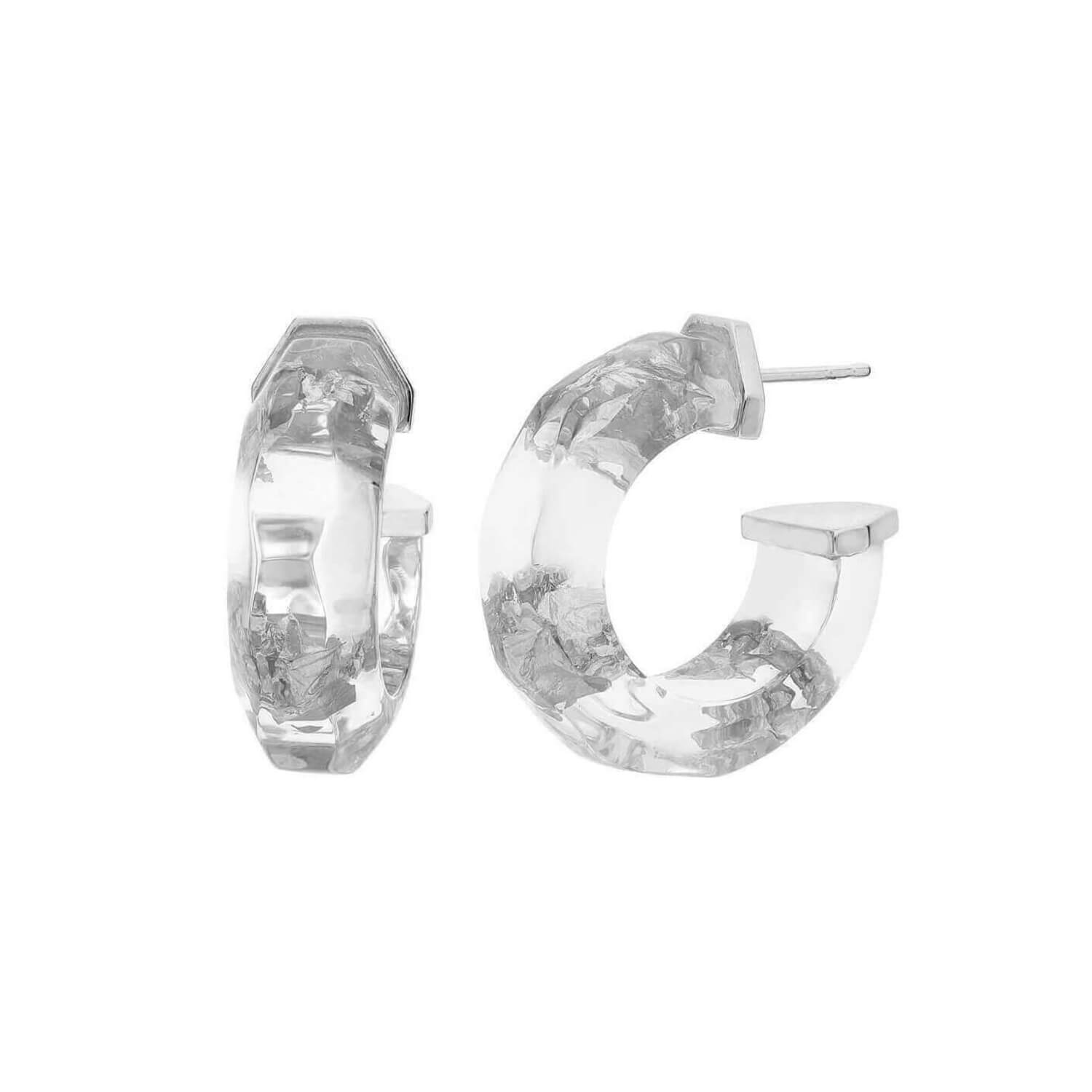 CLEAR SILVER LEAF LUCITE FACETED HOOPS