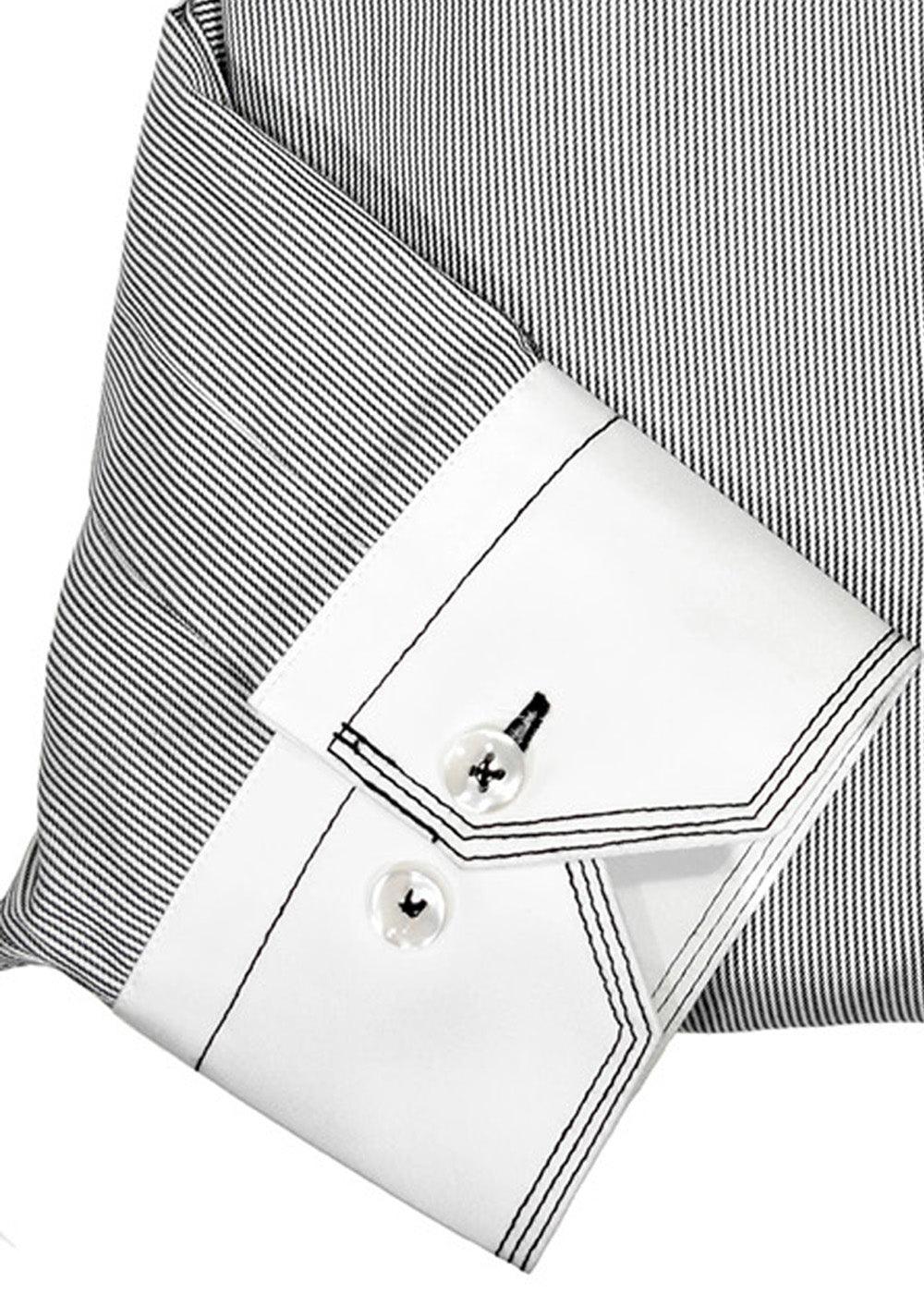 Couple the white collar and white cuff with a fine pencil stripe and contrast triple stitchwork to create an ultra sophisticated sport shirt. Soft exclusive cotton fabric, medium collar and classic shaped fit.