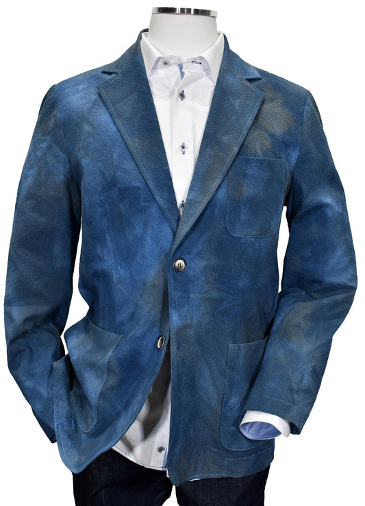 When your image makes a statement, it surely will be when wearing this textured washed and dyed sport coat. Uniquely designed and produced by Graison in Italy featuring a soft shadow seersucker fabric, washed for a distressed, cool image.  Graison Graham Inspired Italian Sport Coat  Excellent with jeans or pants. Fine textured fabric adds to the image. Nice mix of blue and navy washed colors. Soft coat, should lined. Modern fit, best for a slim to medium build.