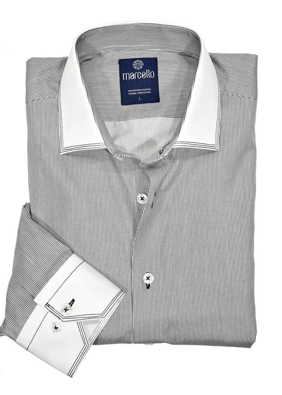 Couple the white collar and white cuff with a fine pencil stripe and contrast triple stitchwork to create an ultra sophisticated sport shirt. Soft exclusive cotton fabric, medium collar and classic shaped fit.