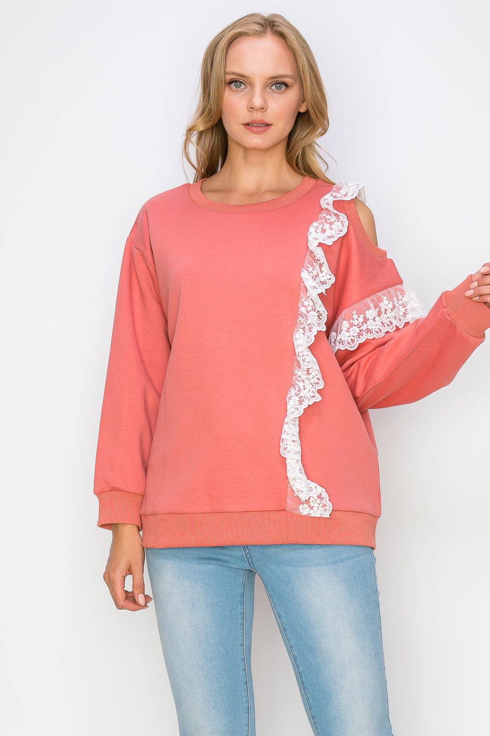 Kylie Prima Cotton Top with One-Side Open Shoulder Lace