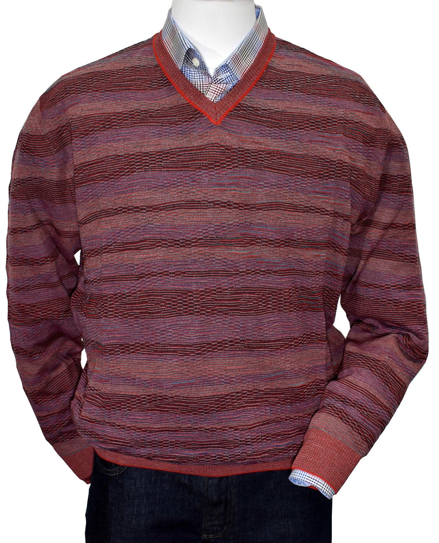 Bari Wave V neck Men's Sweater  Excellent combination of red and subtle navy tones, finely knitted in an abstract pattern. Banded cuffs and waist. Allover pattern. Light weight, perfect for any occasion. Classic Fit.  Sweater by Marcello Sport.