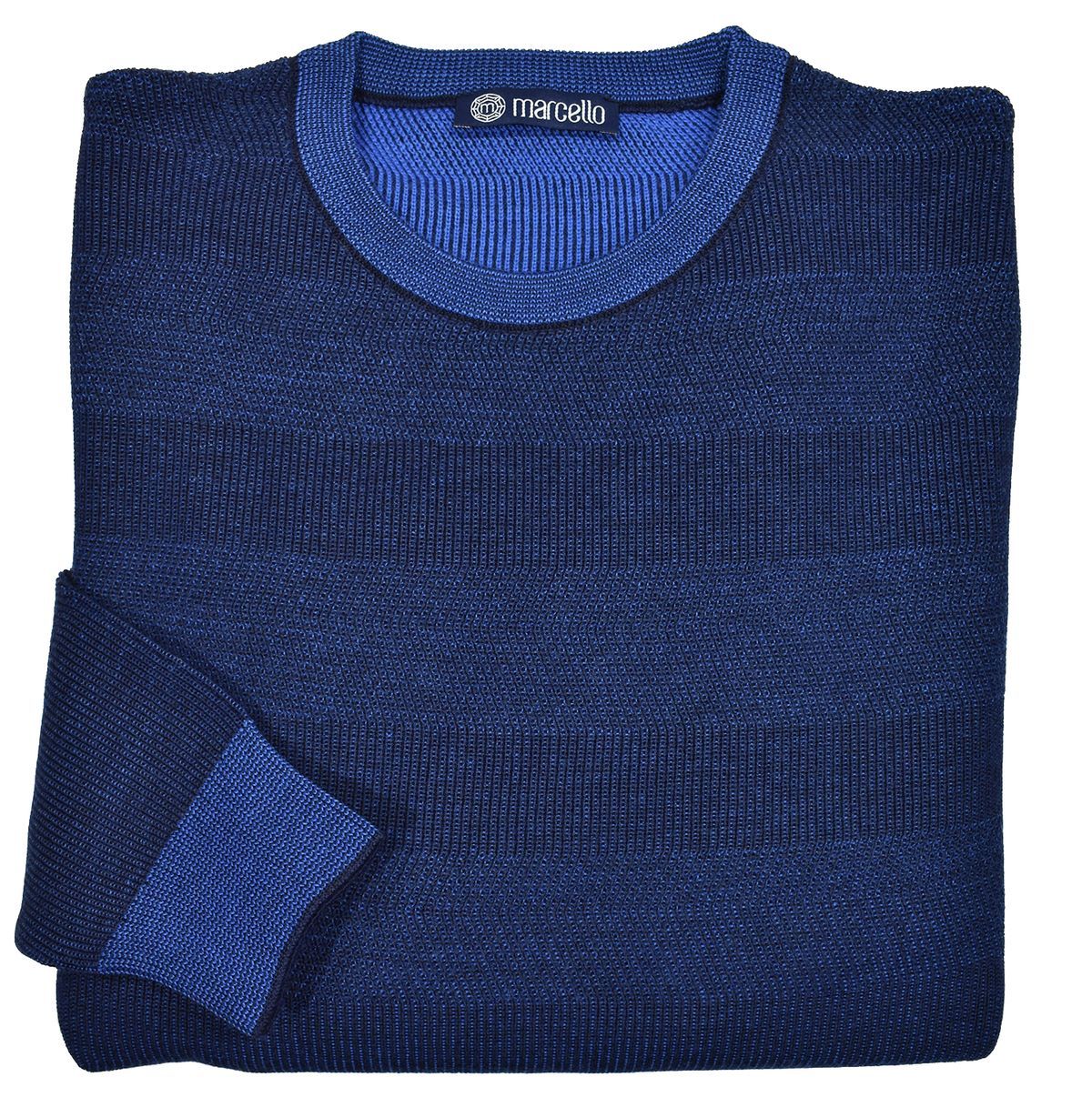 Marcello knit sweater featuring a soft, Italian merino wool blend that has a soft hand feel and a rich blue and navy color combination. The fine accent of black throughout adds dimension and sophistication. Excellent, updated traditional style works effortlessly in any setting. Classic fit, classic ribbed cuffs and waistband.  By Marcello Sport