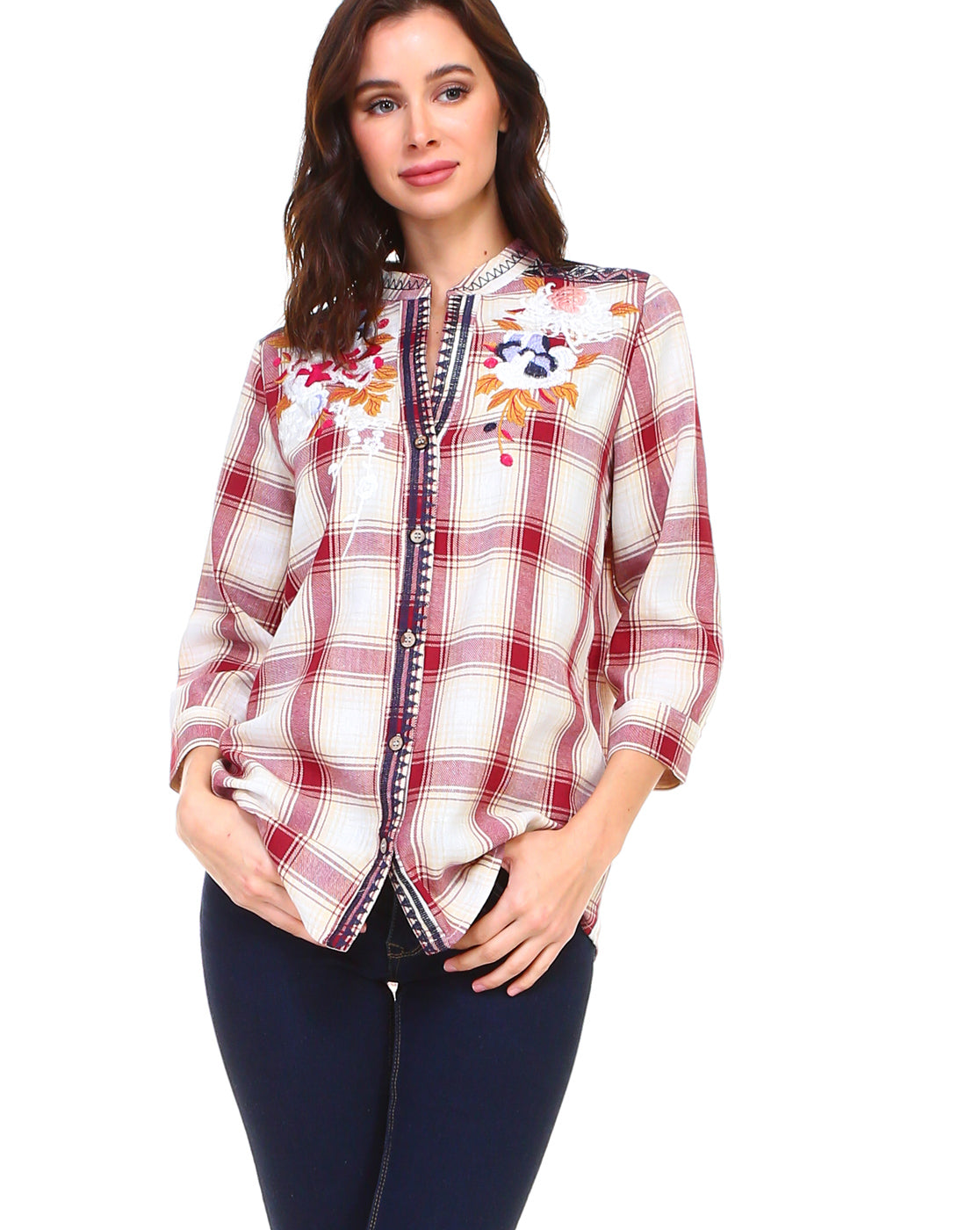 Penelope Cotton Plaid Top with Embroidery