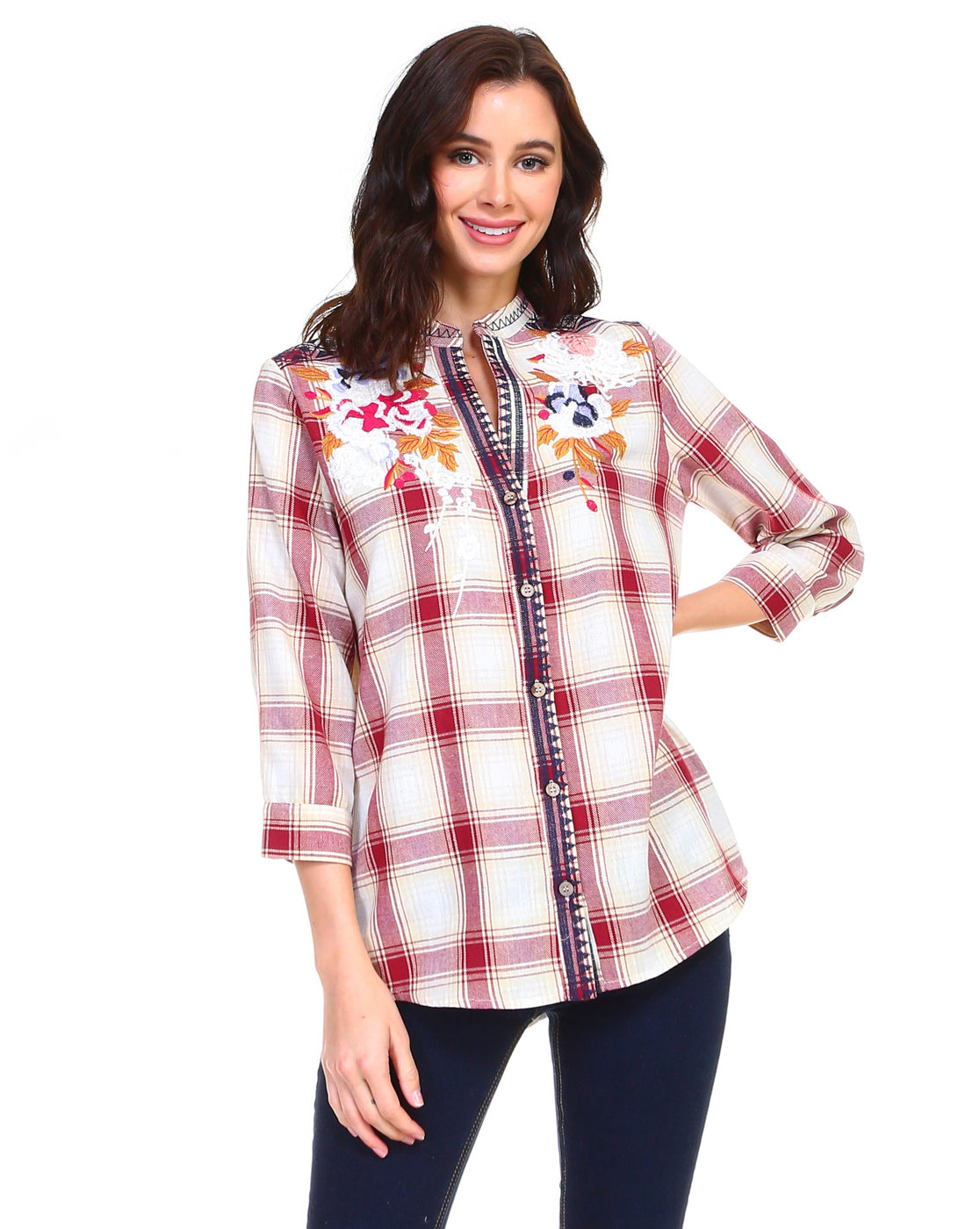 Penelope Cotton Plaid Top with Embroidery
