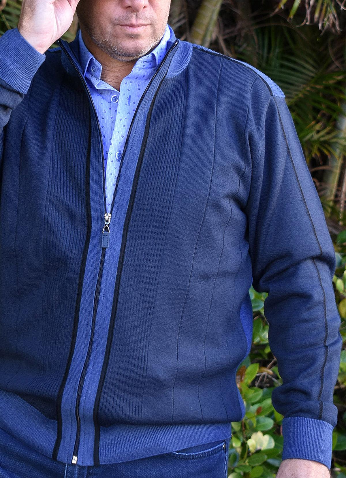 The full zip cardigan sweater is an excellent look worn alone, over a tee or over a shirt.  Either way the style is updated fashion at its finest.  Rib detailing with contrast coloring add a sport image to a zip cardigan model.  Designed by Marcello Sport.