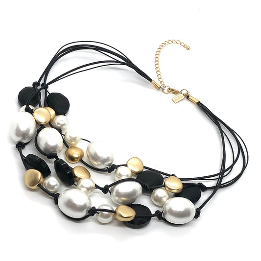 Cotton And Glass Pearl With Matte Black Crystal  Torsade Necklace