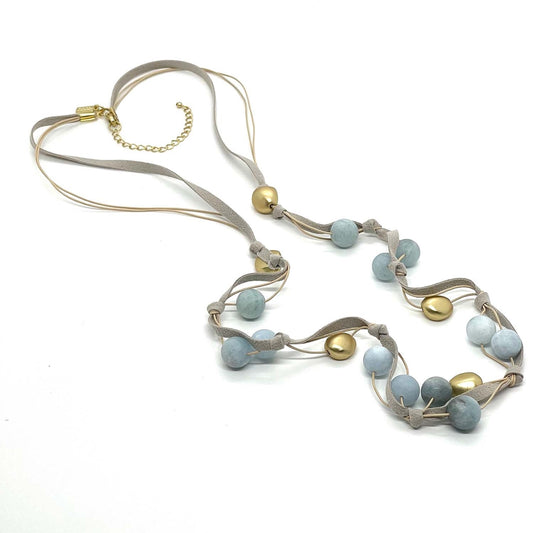 Matte Aquamarine With Matte Gold Nugget Long Layer Necklace