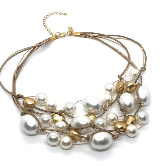 Cotton Pearl Matte Gold Natural Linen Toursade Necklace