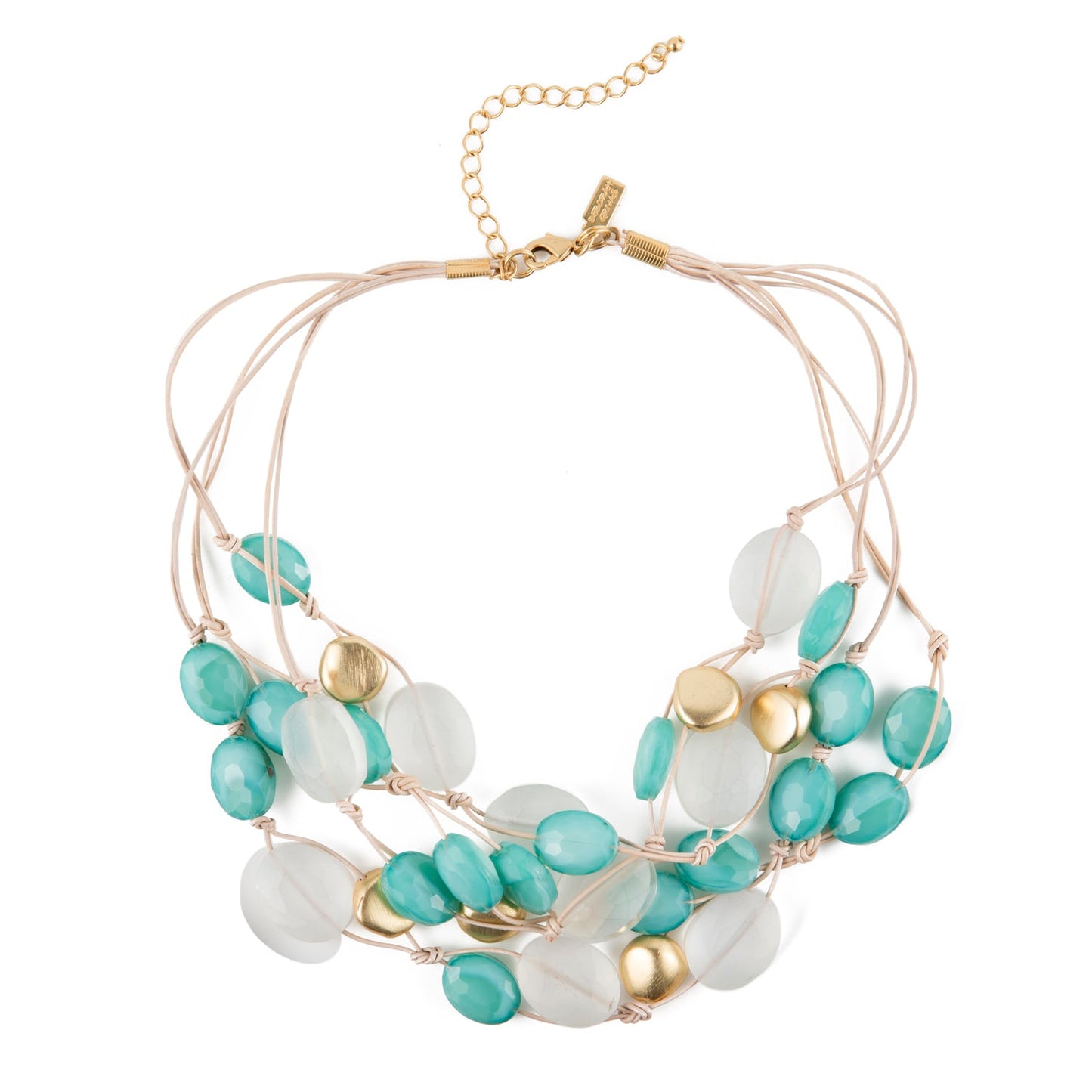 Matte White Crystal,Aqua Velvet Crystal And Matte Gold Pebble Beads Putty Leather Cluster Necklace