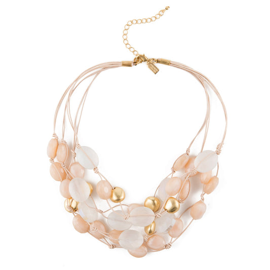 Matte White Crystal,Peach Velvet Crystal And Matte Gold Pebble Beads Putty Leather Four Strand Cluster Necklace