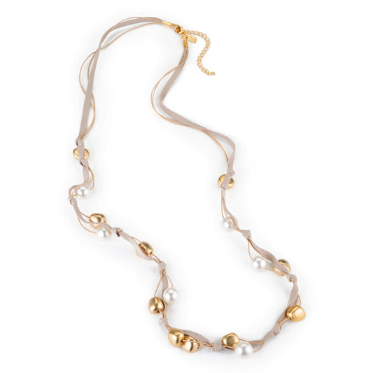 Matte Gold Bead And Pearl Suede Long Layer Necklace