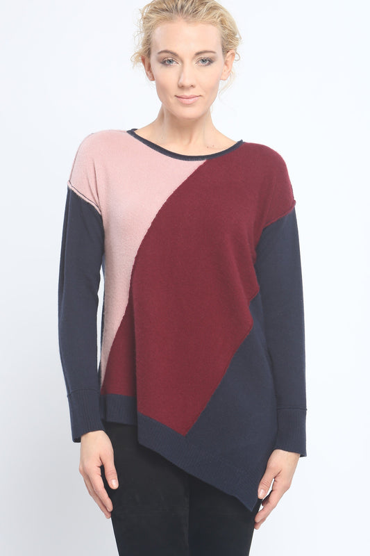 Asymmetrical Color Block Crewneck Sweater in Mongolia Cashmere