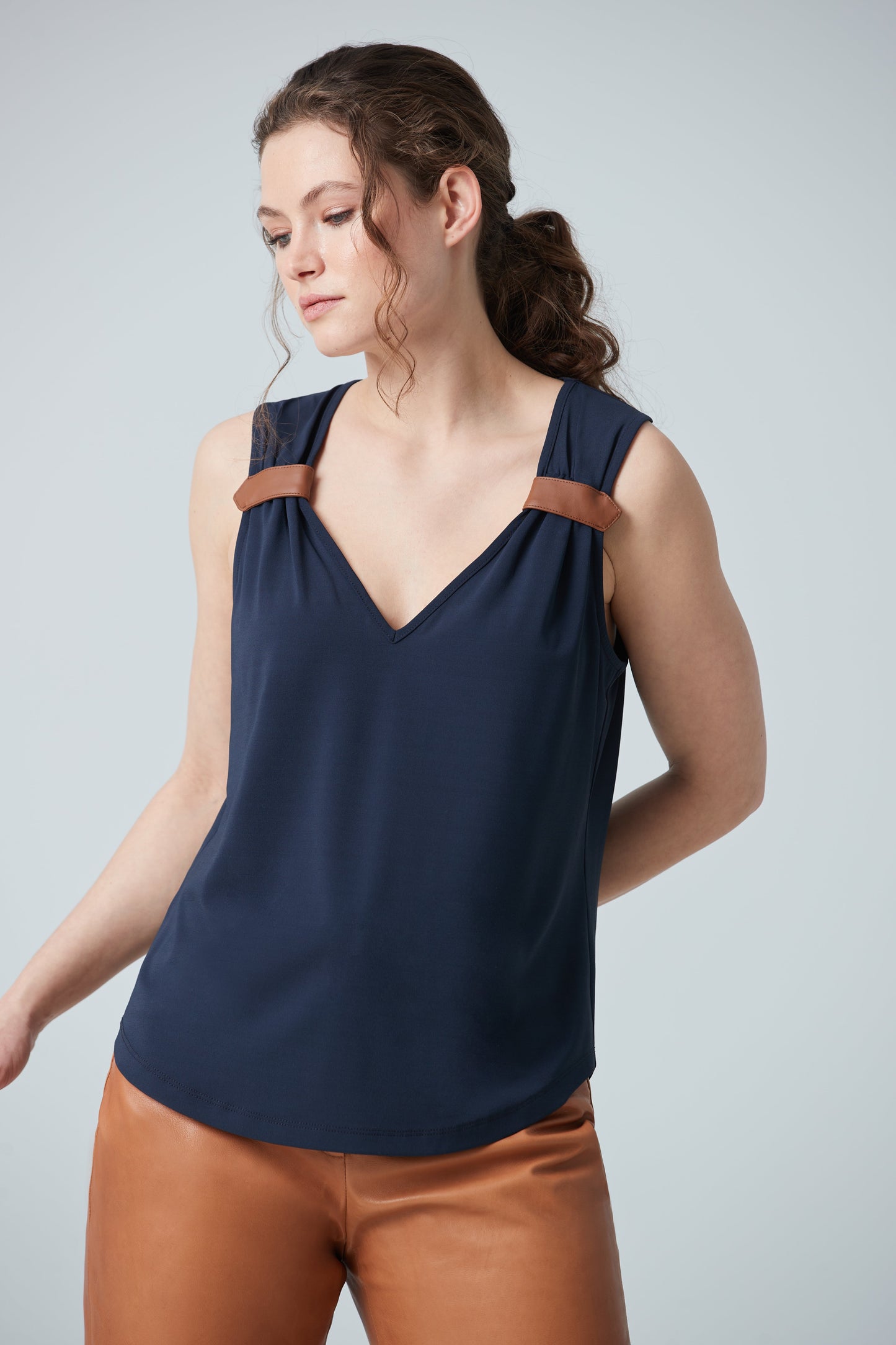 Cami  top with faux leather tab at shoulder