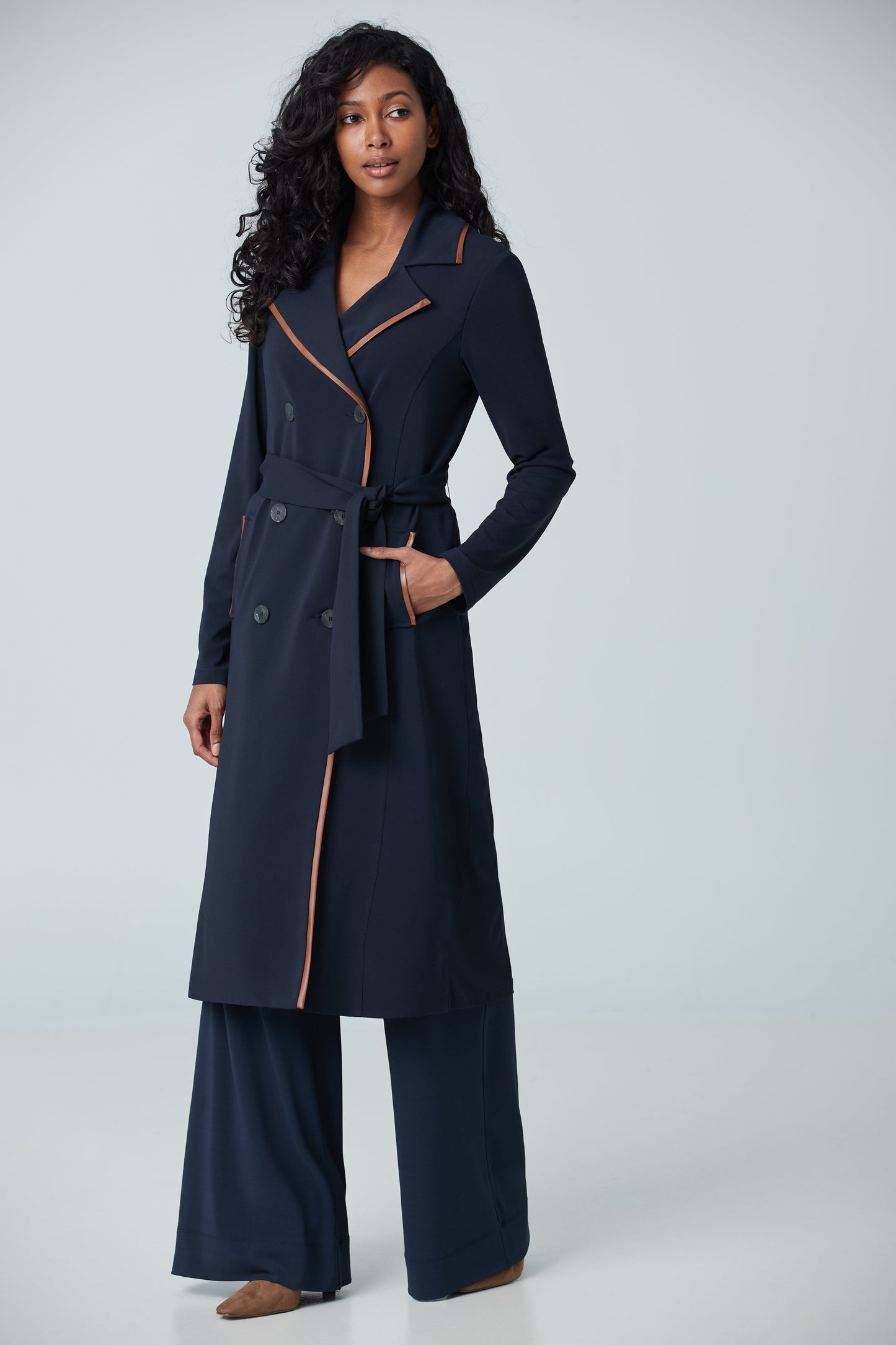 Trench coat with faux leather trim