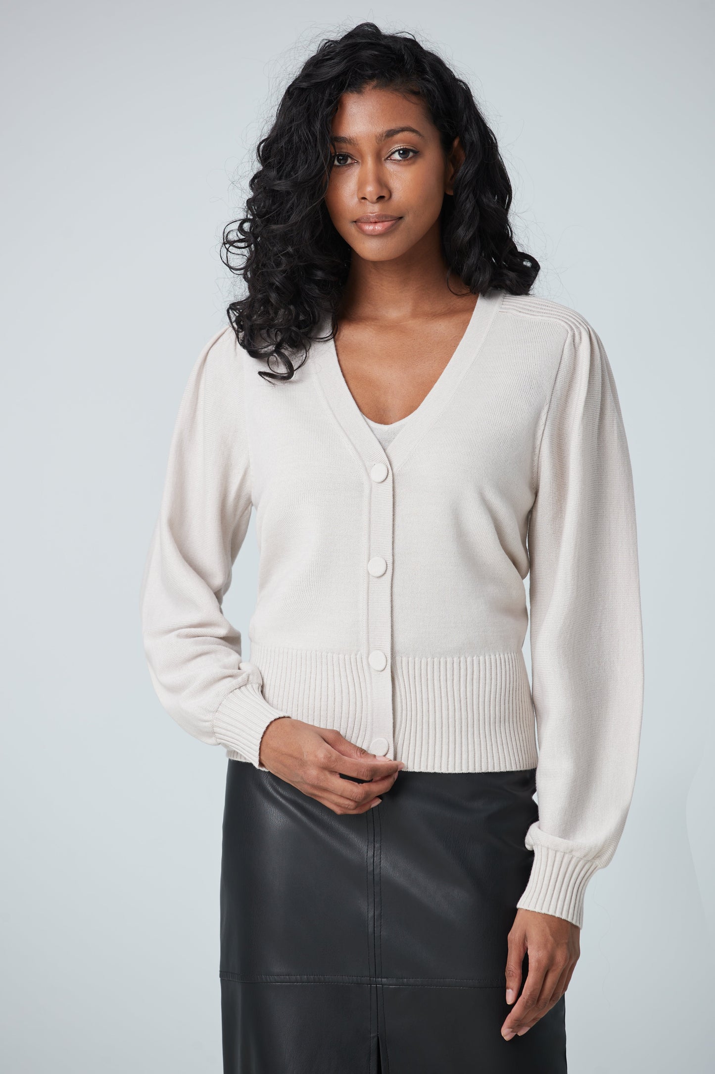 Cardigan with rib detail and puff sleeve