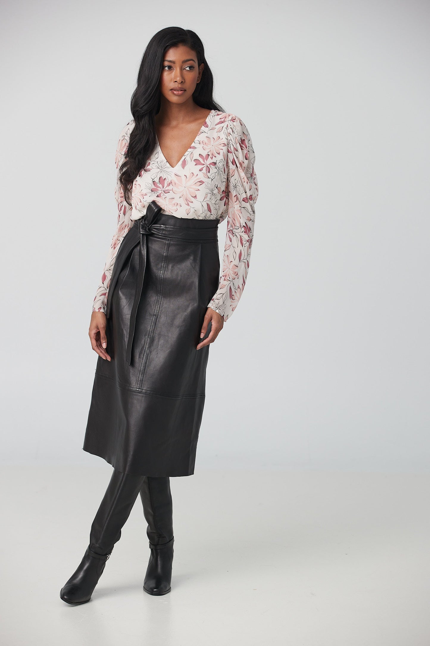 Pleated front A-line lamb leather skirt