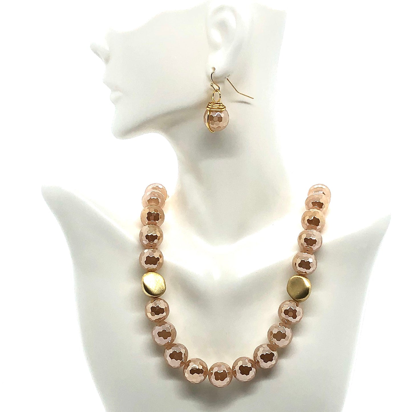 Champagne(Lco) Glazed Agate With Matte Gold Plate Beads Necklace