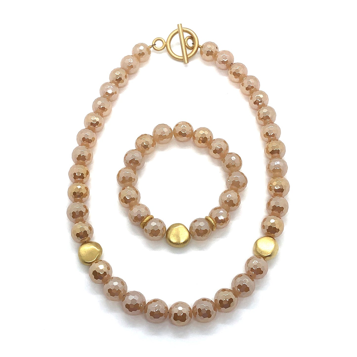 Champagne(Lco) Glazed Agate With Matte Gold Plate Beads Necklace And Flat Nugget Stretch  Bracelet