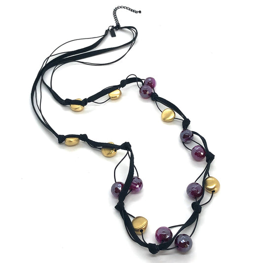 Magenta Glazed Agate,Matte Black Crystal With Matte Gold Beads Black Linen And Leather Layer Necklace