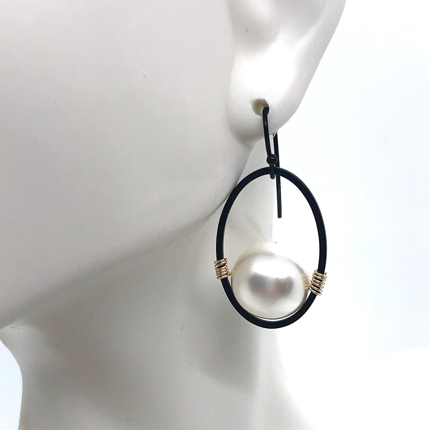 Pearl Matte Black Oval Gold Wire Wrap Earrings