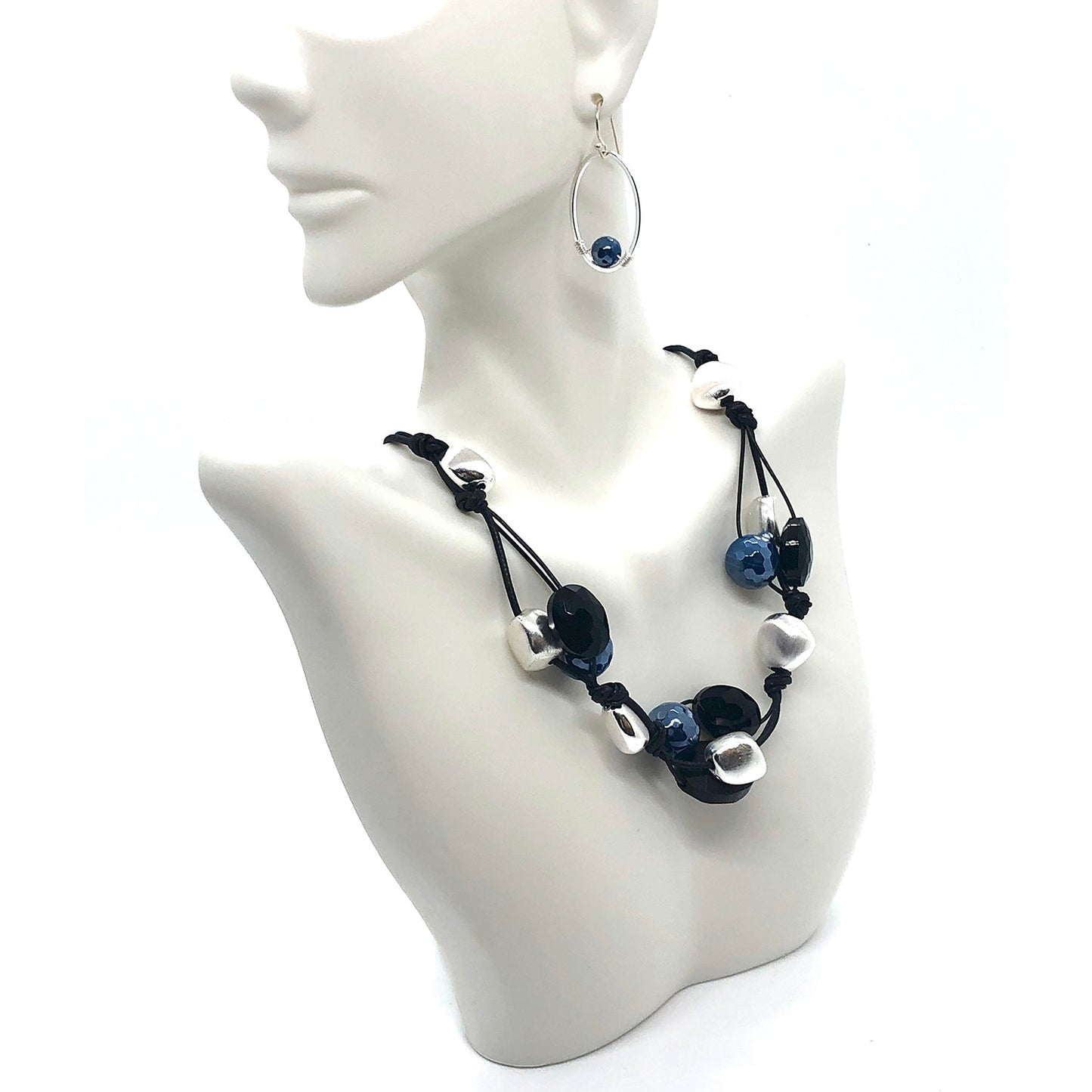 Blue Glazed Agate Oval Matte Black Crystal And Matte Silver Beads Black Linen And Leather Necklace