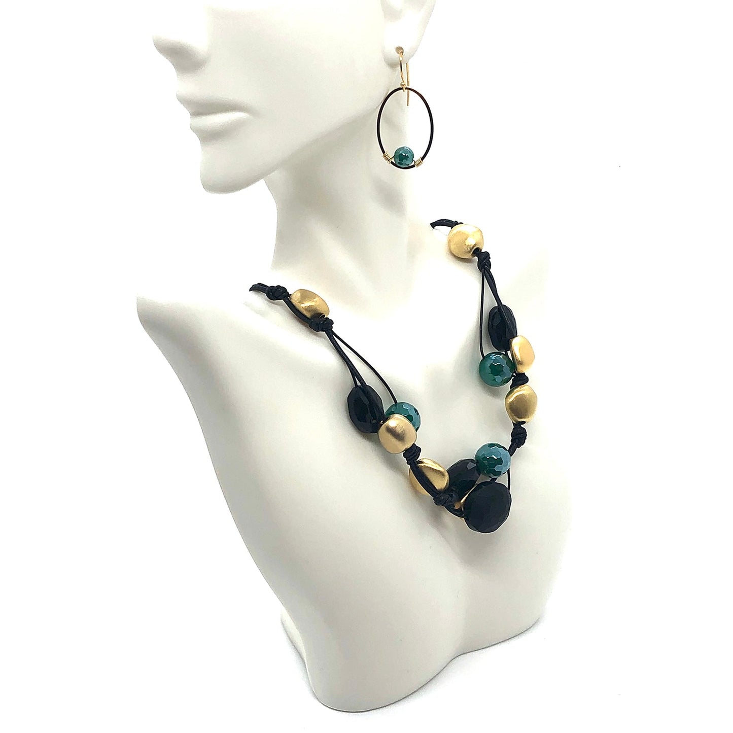 Green Glazed Agate Oval Matte Black Crystal And Matte Gold Beads Black Linen And Leather Necklace