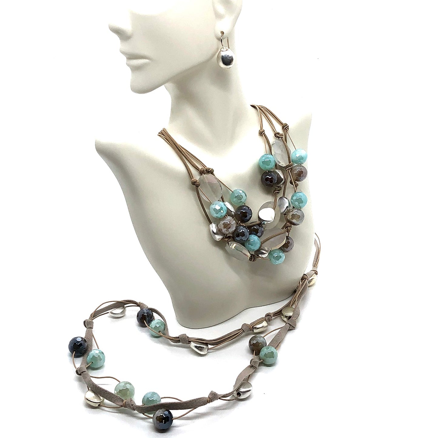 Aqua And Mocha Glazed Agate With Matte White Oval Crystal And Matte Silver Beads Putty Leather And Natural Linen 3 Strand Torsade Style Necklace And Layer Necklace