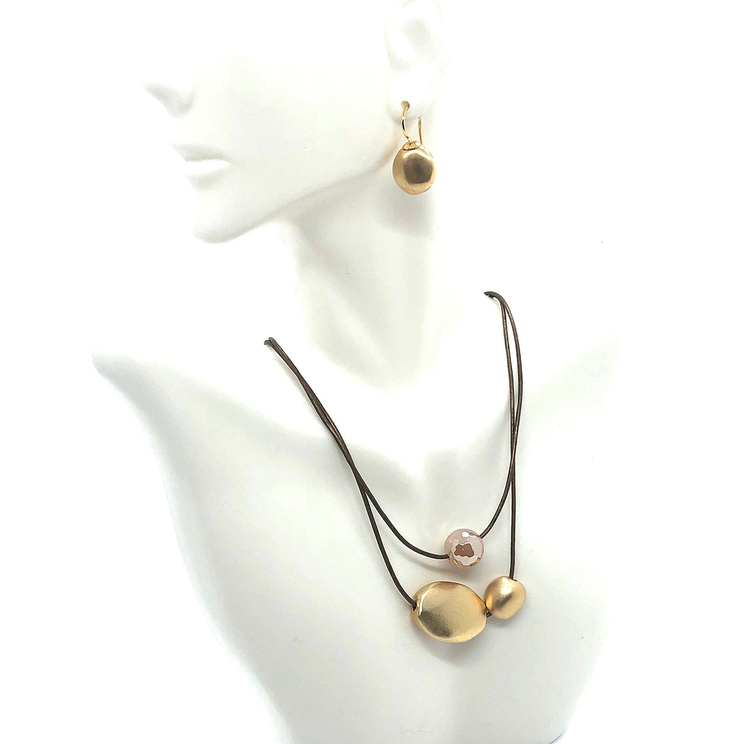 Champagne(Lco) Glazed Agate With Matte Gold Beads Graduated Bronze Leather Necklace
