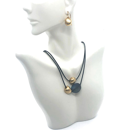 Matte Blue Labradorite Oval Crystal With Matte Gold Beads Graduated Navy Leather Necklace