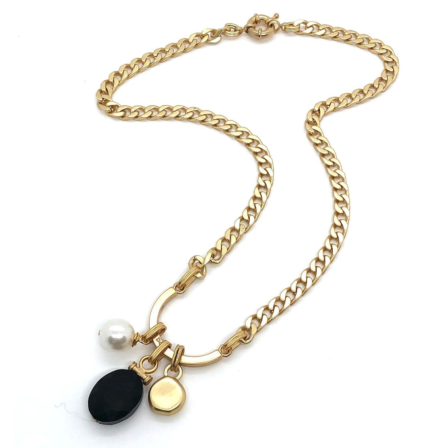 Horseshoe Pearl And Matte Black Crystal Charm Necklace