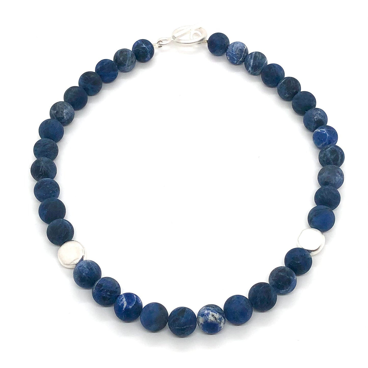 Matte Blue Sodalite With Matte Silver Flat Bead Necklace