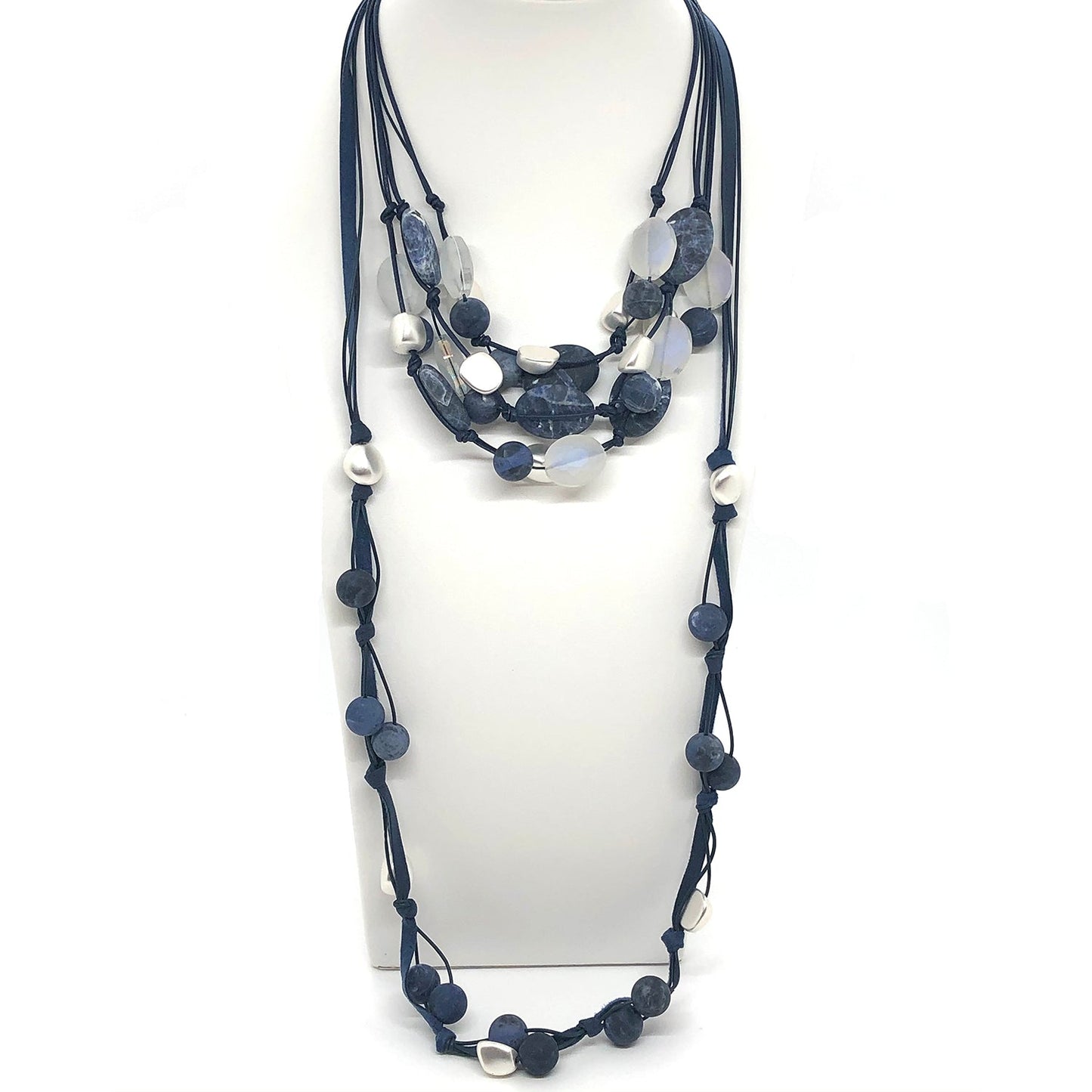 Blue Sodalite With Matte White Oval Crystal And Matte Silver Beads Navy Leather And Linen 3 Strand Torsade Style Necklace