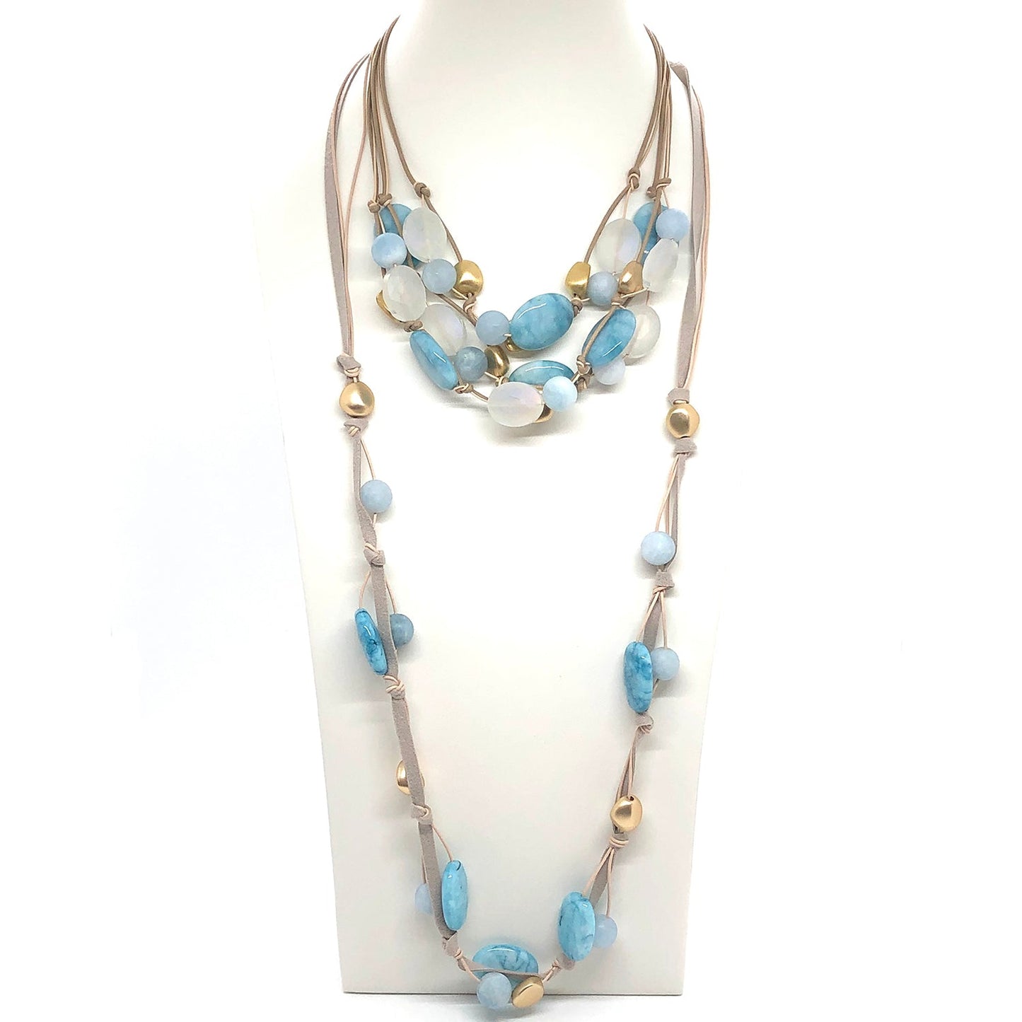 Blue Larimar With Matte Aquamarine With Matte White Oval Crystal And Matte Gold Beads Putty Leather And Natural Linen 3 Strand Torsade Style Necklace And Layer Necklace