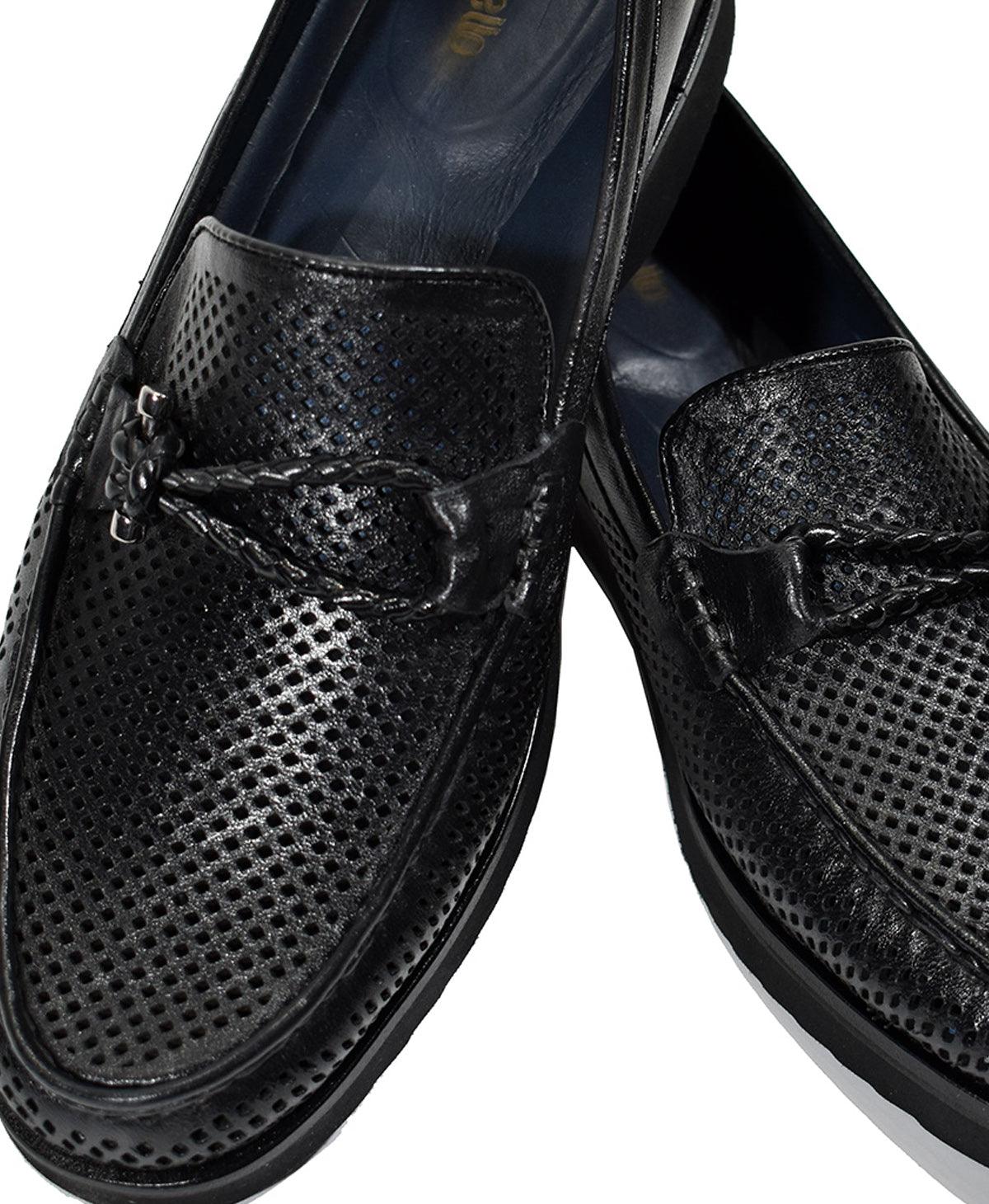 Marcello Black Perforated Leather Shoes Soft perforated leather in black. Sharp trim details. Unique braid accessory. Rubber sole. Sizes 8-12, including half sizes. Classic fit. Shoe by Marcello.