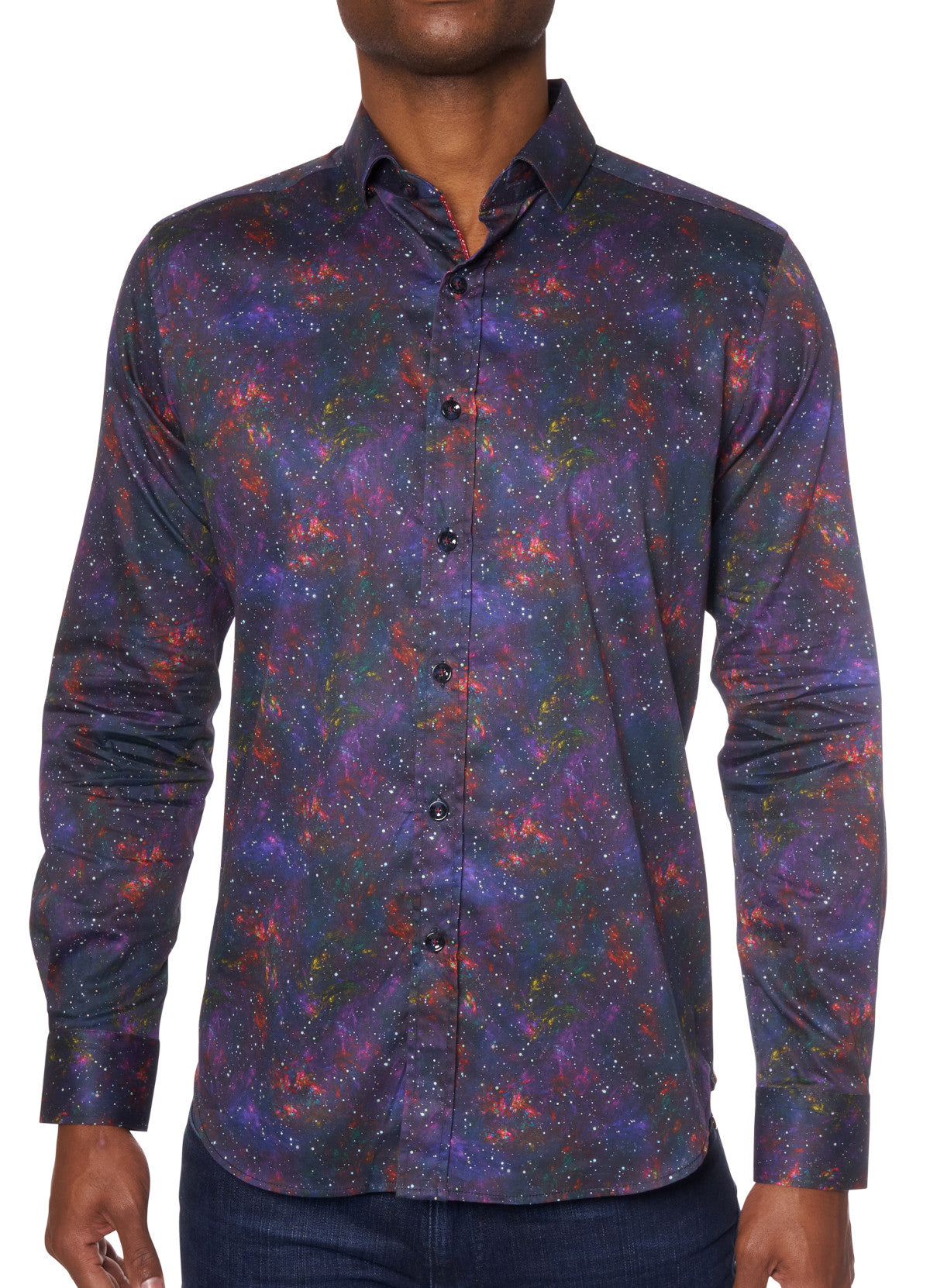 In true Robert Graham fashion, the celestial motif shirt in black with an aura of colors is certainly unique. Whether you pair this shirt with any color jeans or a pant, the style is fashion forward and sure to get compliments.  Soft cotton fabric.  Tailored fit, is best for a medium build.
