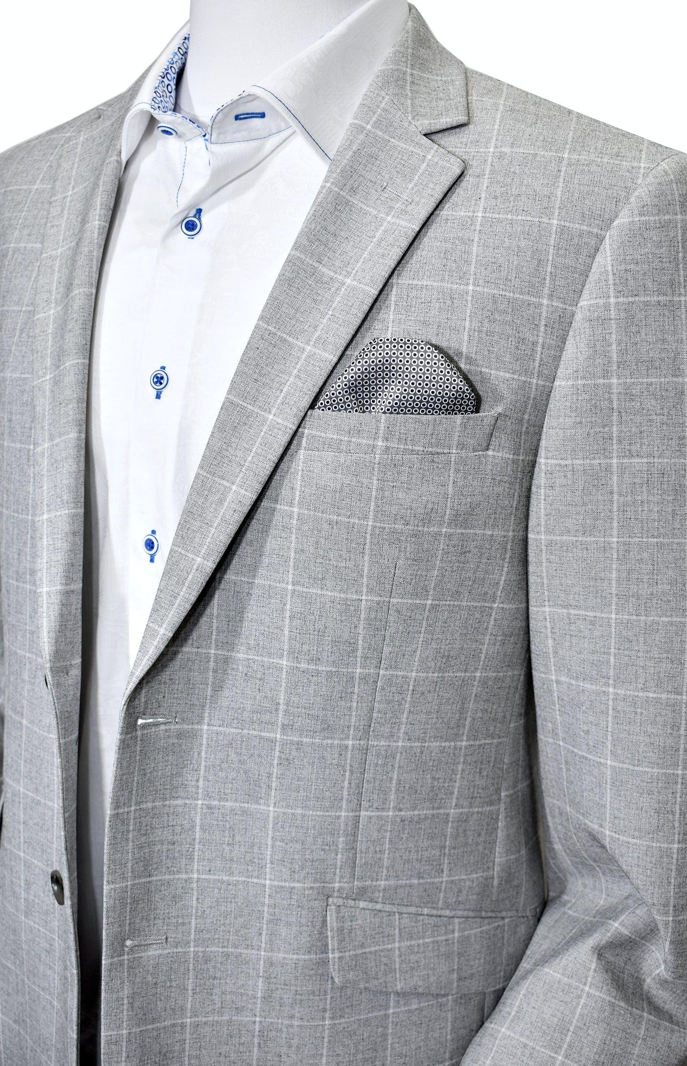 The soft steel color with an accented window pane in off white creates a sophisticated look for a casual sport coat.  Poly microfiber and a touch of lycra add a soft silk like hand feel with stretch for added comfort.  The result is a sport coat that travels well and does not wrinkle.  The coat is fully lined, with a neat traditional lining, that is also used to line the chest pocket and function as a pocket square.  Side vented.  Slim fit, best for a slim to moderate build.