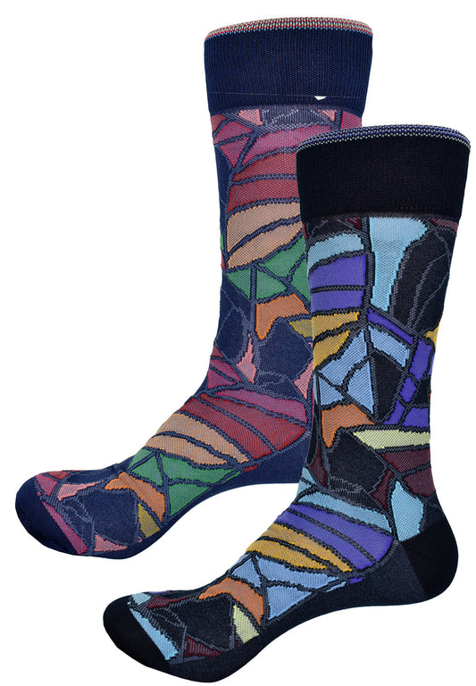 Set your image apart and make a statement with these fantastic socks.  Fine mercerized cotton with nylon blend for lightweight comfort.  Stained Glass Mosaic Socks - Red or Navy  Truly unique fashion in rich colors. Soft mercerized cotton with nylon blend for comfort. One size, fits 9-12.
