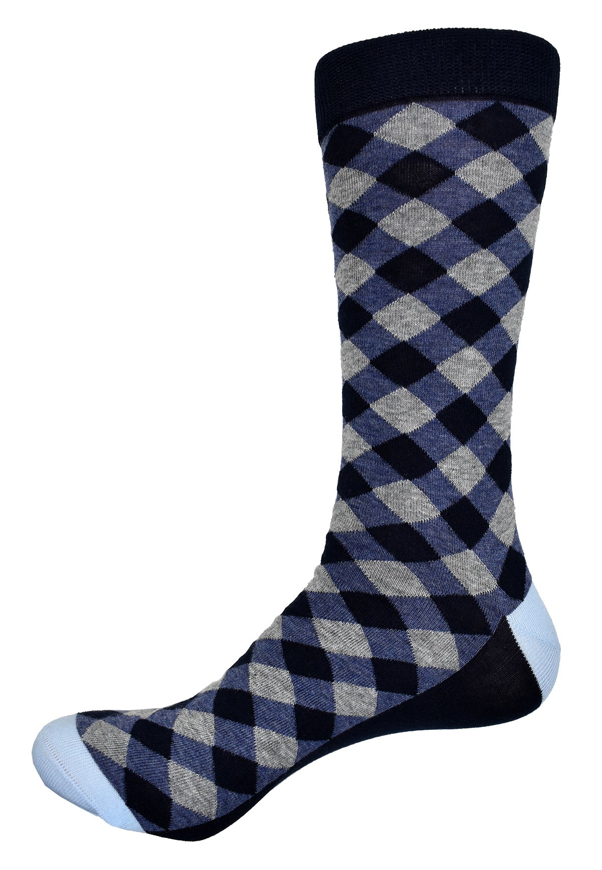 Classic navy and grey argyle style in a medium size pattern.  Soft mercerized cotton. Classic timeless pattern. Mid calf height. Fits sizes 9 - 12. Sock by Marcello Sport