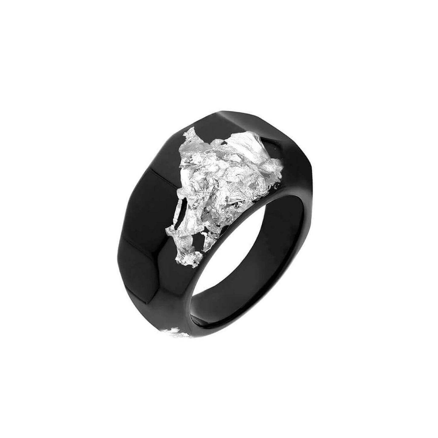 Black Lucite Ring with Silver Leaf