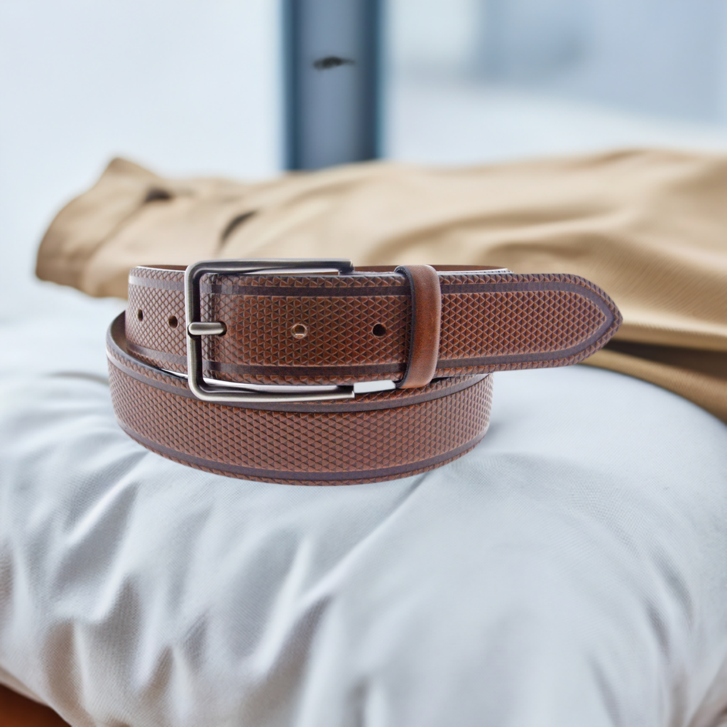 The B21 Cognac Perf Stamp Belt is the perfect choice for any modern wardrobe. Crafted with traditional cognac colored leather, this timeless accessory from the Marcello Sport collection pairs effortlessly with jeans or pants to add a touch of sophistication and finesse to any occasion, whether casual or formal. An ideal option for those who appreciate quality and style.