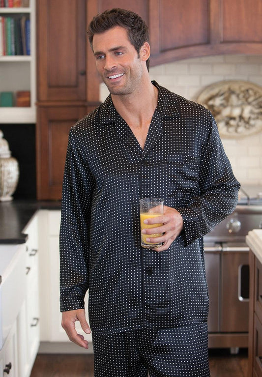 Exquisite black 100% silk pajama exclusively for Justin Harvey. Features an elastic waistband with button closure and drawstring. Full button front top and left chest pocket. Truly the best in pajamas. Classic fit.