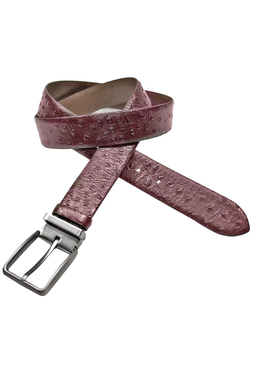 Add to your belt collection the superior look of ostrich. The stamped leather pattern with color shading elevates the style. Satin Nickel Finished Buckle. Premium leather. Imported. By Marcello Sport.  Stamped Ostrich Men's Leather Belt  Add to your belt collection the superior look of ostrich. The stamped leather pattern with color shading elevates the style. Satin Nickel Finished Buckle. Premium leather. Imported.