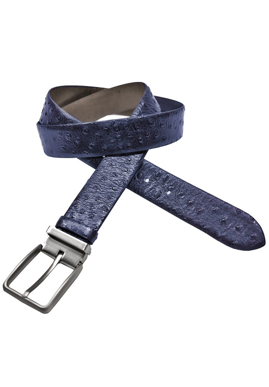 Add to your belt collection the superior look of ostrich. The stamped leather pattern with color shading elevates the style. Satin Nickel Finished Buckle. Premium leather. Imported. By Marcello Sport.  Stamped Ostrich Men's Leather Belt  Add to your belt collection the superior look of ostrich. The stamped leather pattern with color shading elevates the style. Satin Nickel Finished Buckle. Premium leather. Imported.